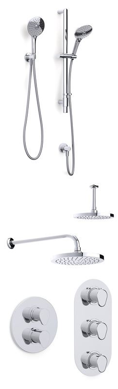 Enzo concealed dual outlet thermostatic shower with ceiling arm, soaker, flexible slide rail kit, push button handset and wall elbow