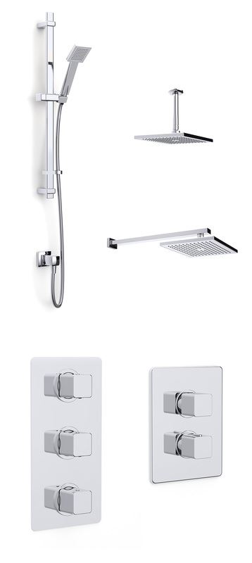 Mio concealed 3 handle dual outlet thermostatic shower with ceiling arm, soaker, adjustable flexible slide rail kit, handset and wall elbow