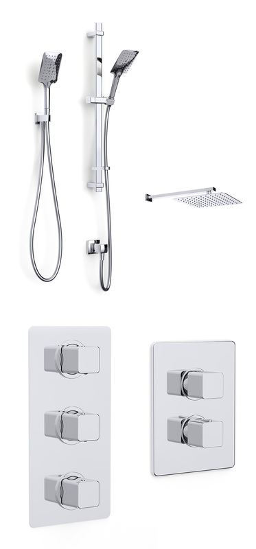 Mio concealed dual outlet thermostatic shower with overhead arm, large stainless steel soaker, adjustable flexible slide rail kit, push button handset and wall elbow Mio concealed dual outlet thermostatic shower with overhead arm, large stainless steel soaker, adjustable flexible slide rail kit, push button handset and wall elbow