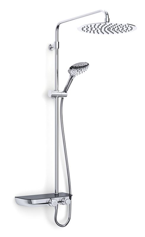 Nio Thermostatic Shower with shelf, adjustable riser, large overhead soaker and push button handset