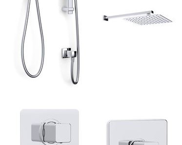 Mio concealed dual outlet thermostatic shower with overhead arm, large stainless steel soaker, adjustable flexible slide rail kit, push button handset and wall elbow